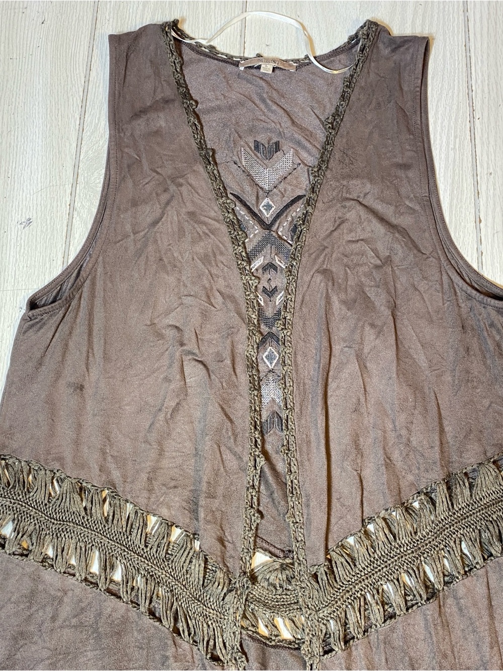 Miss Me Girls Large BrownFaux Suede Fringe Vest Crochet Embroidered Boho Western